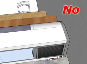 A drawing of a sushi display case being placed incorrectly with the word no above it