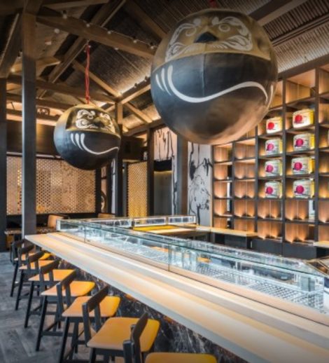 Stainless steel sushi display cases in a restaurant called Katsuya