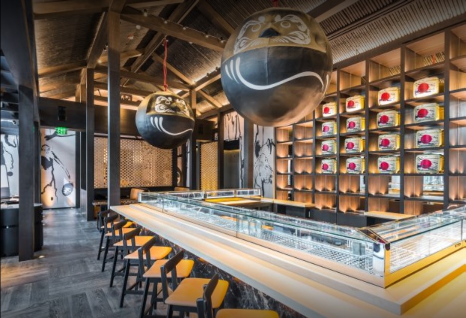 Stainless steel sushi display cases in a restaurant called Katsuya