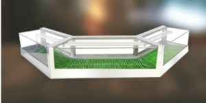 A 3d model of a 3 sided sushi display case with bamboo floor mat