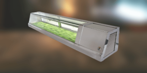 A long stainless steel sushi display case with a glass door
