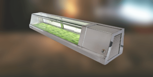 A long stainless steel sushi display case with a glass door