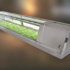 A long stainless steel sushi display case with a glass door