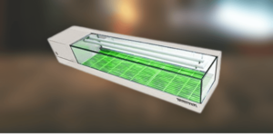 3d model of a wide-flat top sushi display case with bamboo-like floor mat