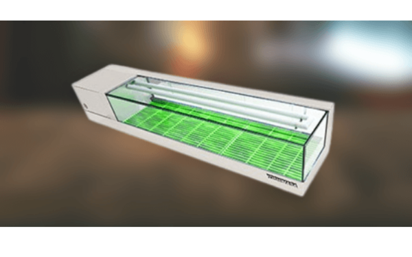 3d model of a wide-flat top sushi display case with bamboo-like floor mat