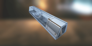 A 3d model of a curved glass self-contained sushi display case