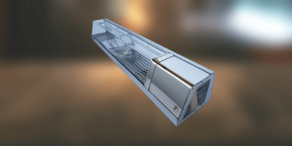 A 3d model of a curved glass self-contained sushi display case